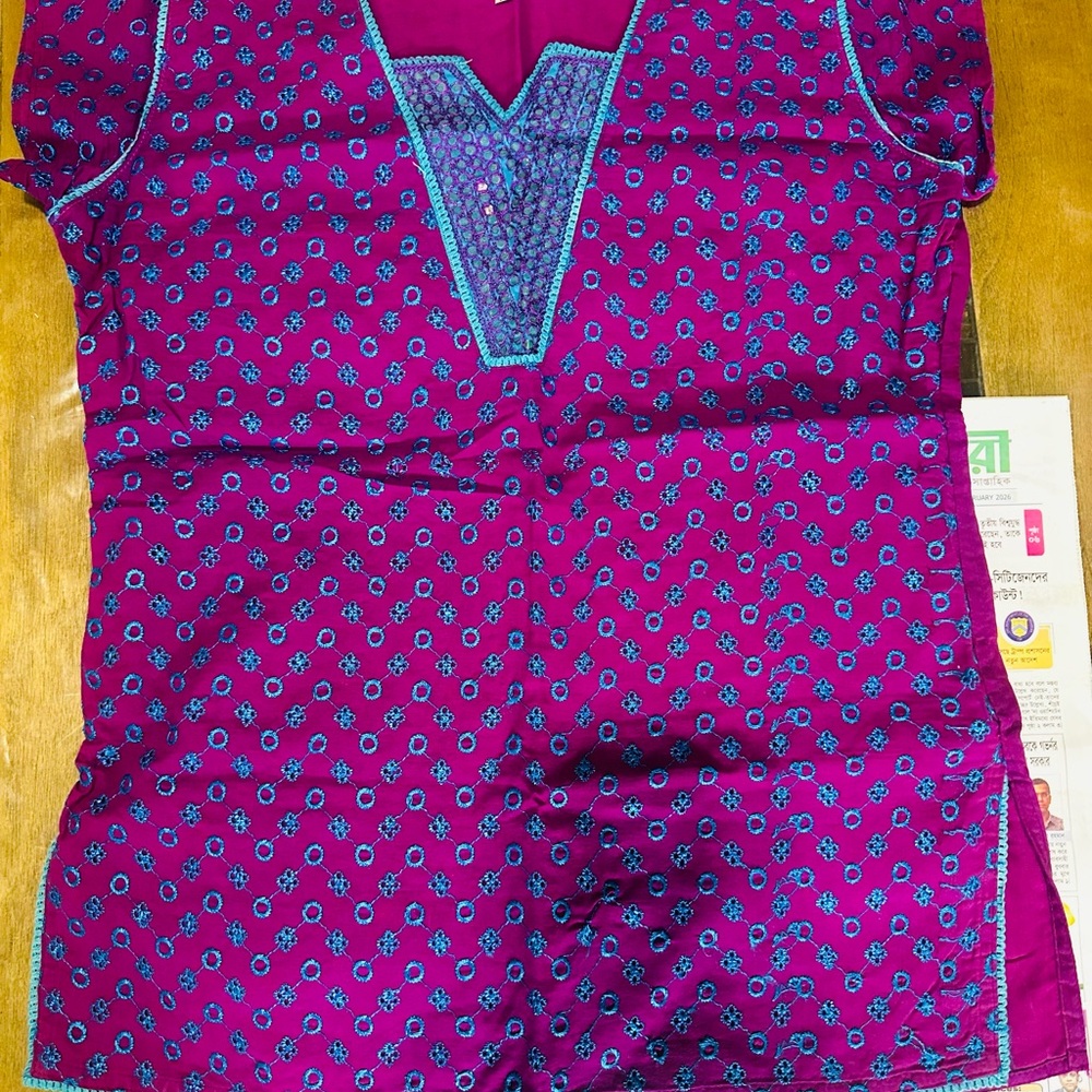 Beautiful Fuchsia Embellished Kurti with Purple and Blue Accents Indian brand